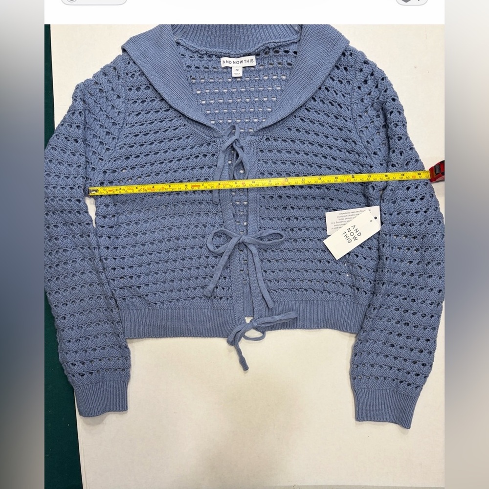 Blue Open Knit Tie Front Cardigan | Cropped Sweater | NWT | PM Petite - Picture 7 of 8